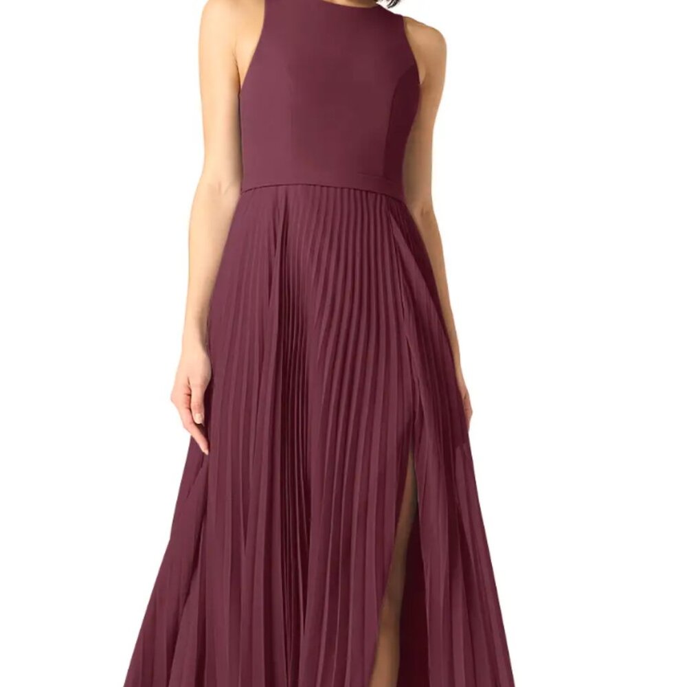Azazie Lindie A-Line Scoop Pleated Chiffon Dress in Cabernet, Size A8 (US8)